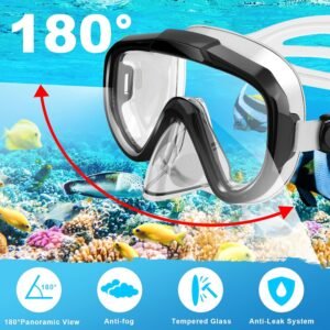 Snorkeling Gear for Adults, Dry Top Snorkel Set with Panoramic Anti-Leak and Anti-Fog Tempered Glass Lens, Adjustable Snorkeling Set for Scuba Diving Swimming Training Snorkel Kit
