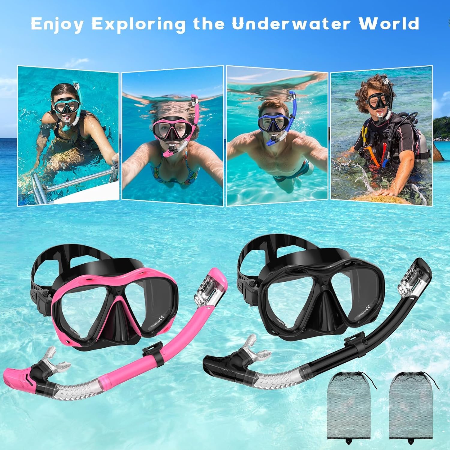 Snorkeling Gear for Adults, Dry Top Snorkel Mask Set, Diving Scuba Mask, Swimming Goggles with Nose Cover, HD Tempered Glass Panoramic Swim Freediving Anti-Leak Anti-Fog Travel Packages - Image 7