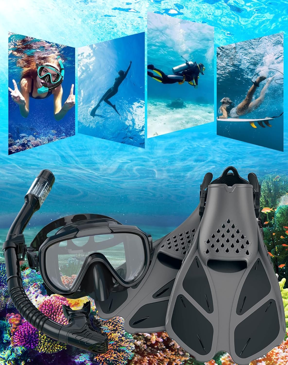 Snorkeling Gear for Adults Men Women,4 in 1 Snorkel Set with Panoramic View Diving Mask Anti-Fog Anti-Leak,Dry Top Snorkel,Fins and Travel Bag for Swimming,Snorkeling and Travel Diving - Image 7