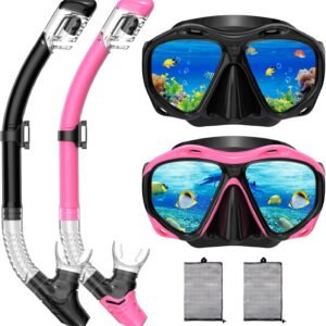 Snorkeling Gear for Adults, Dry Top Snorkel Mask Set, Diving Scuba Mask, Swimming Goggles with Nose Cover, HD Tempered Glass Panoramic Swim Freediving Anti-Leak Anti-Fog Travel Packages