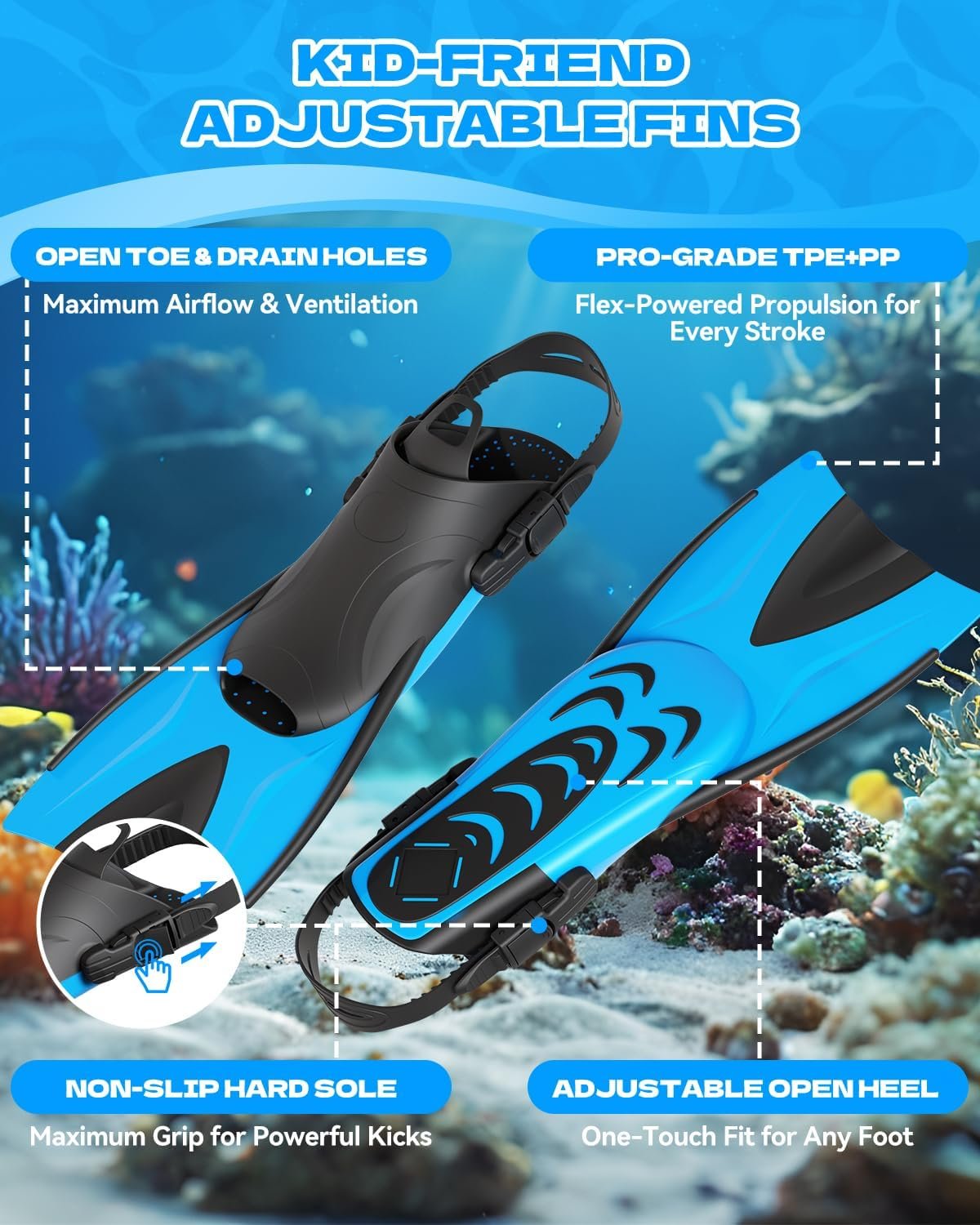 Aegend Snorkeling Gear for Kids Youth - Anti-Fog Diving Mask, Adjustable Fins & Dry Snorkel, Full Snorkel Kit for Snorkeling, Diving, Scuba Diving & Swimming - Image 5