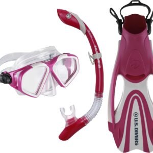 U.S. Divers Cozumel Adult Snorkel Set – Anti-Fog PC Lens, Easy-Adjust Mask Buckles, Dry Top Snorkel, Adjustable Fin Buckles -Unisex Adult,Gray/Dark Pink,Large (9.5-11.5),SR3981022L