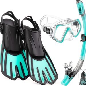 CAPAS Snorkel Mask Fins Set, Travel Size Snorkeling Gear for Adults with Adjustable Fins, Diving Mask and Dry Top Snorkel, Come with a Carrying Bag
