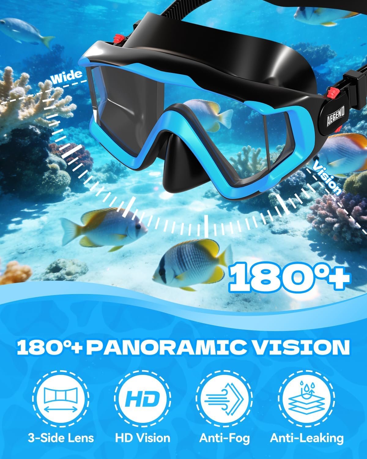 Aegend Snorkeling Gear for Kids Youth - Anti-Fog Diving Mask, Adjustable Fins & Dry Snorkel, Full Snorkel Kit for Snorkeling, Diving, Scuba Diving & Swimming - Image 2