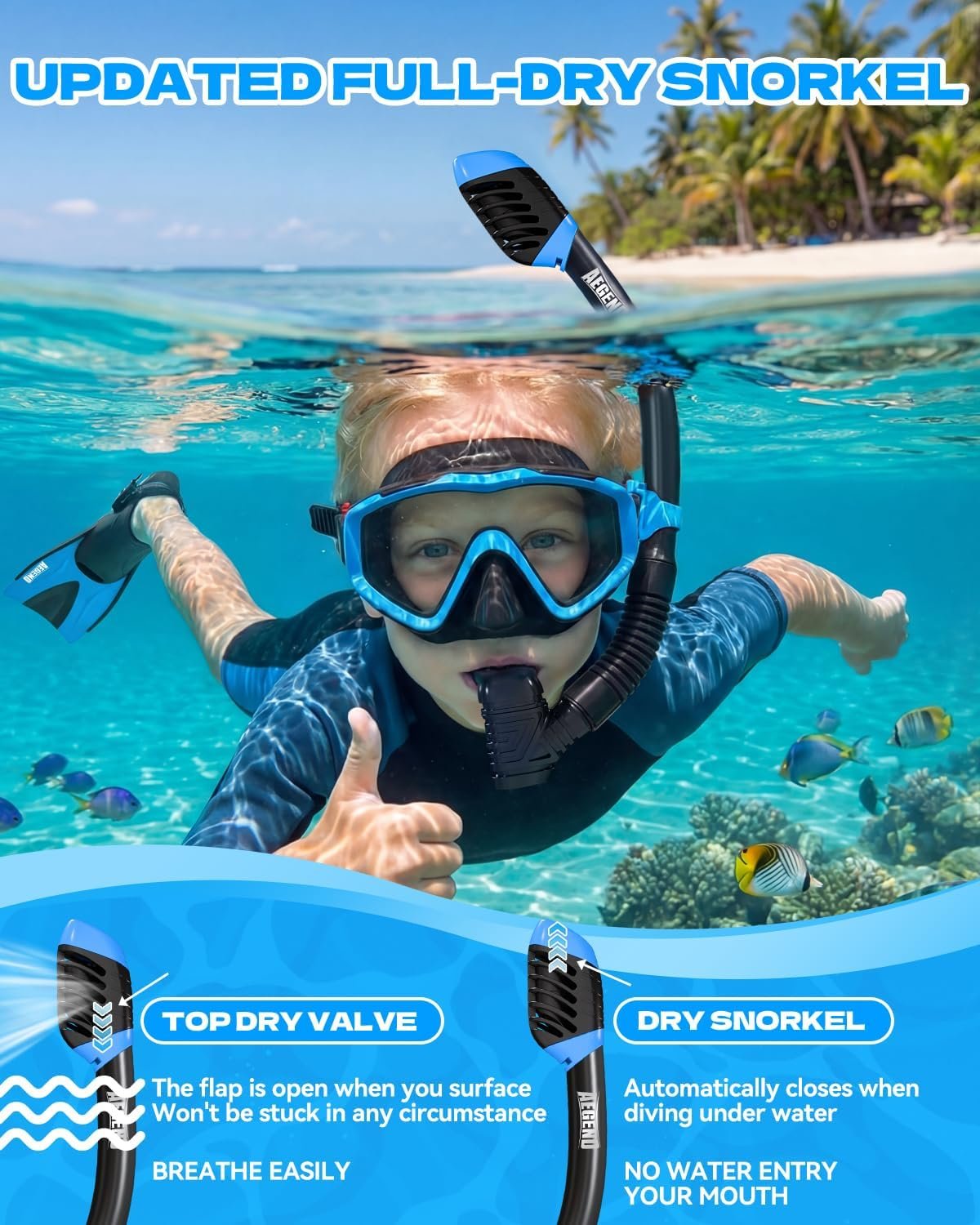 Aegend Snorkeling Gear for Kids Youth - Anti-Fog Diving Mask, Adjustable Fins & Dry Snorkel, Full Snorkel Kit for Snorkeling, Diving, Scuba Diving & Swimming - Image 4