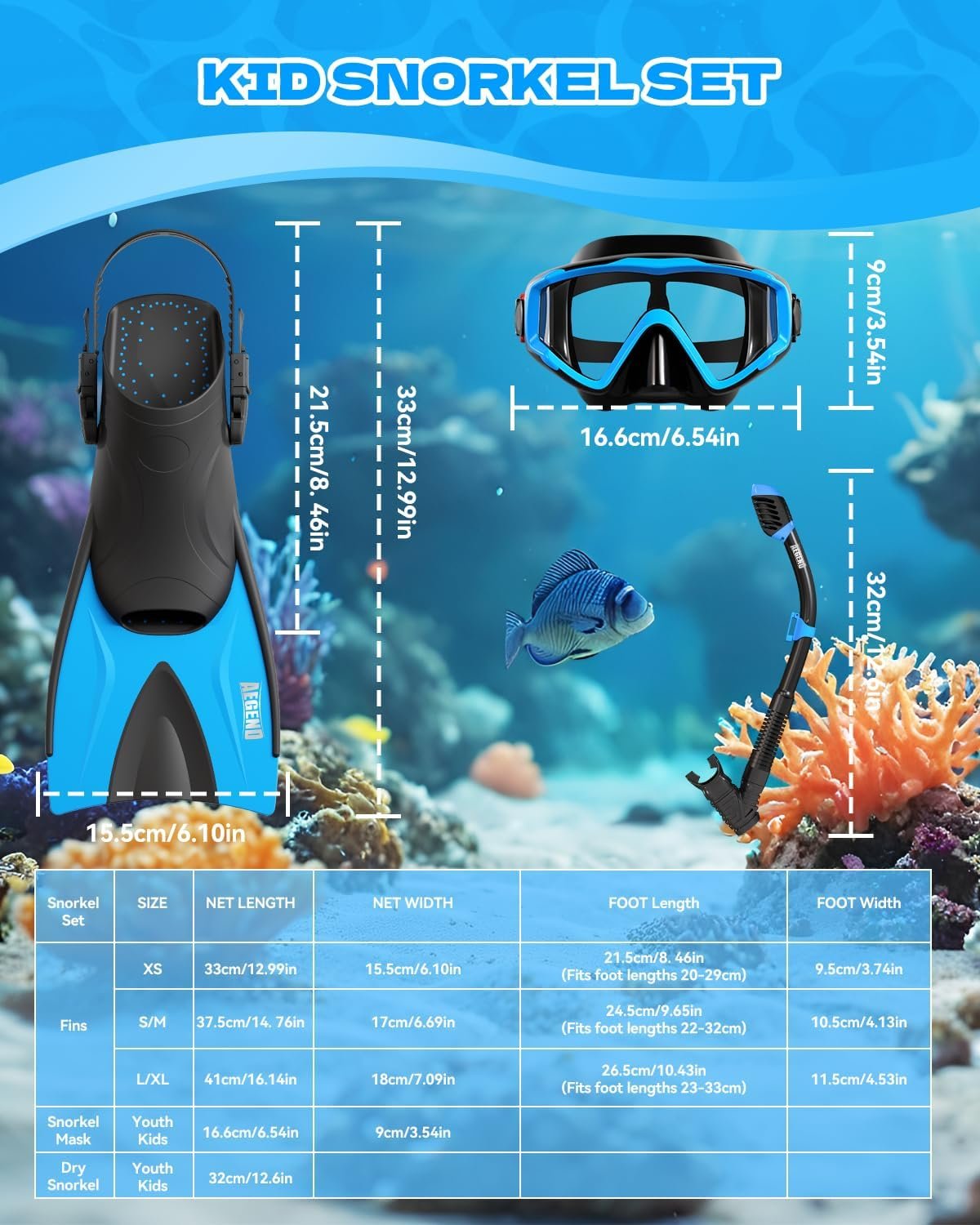 Aegend Snorkeling Gear for Kids Youth - Anti-Fog Diving Mask, Adjustable Fins & Dry Snorkel, Full Snorkel Kit for Snorkeling, Diving, Scuba Diving & Swimming - Image 6