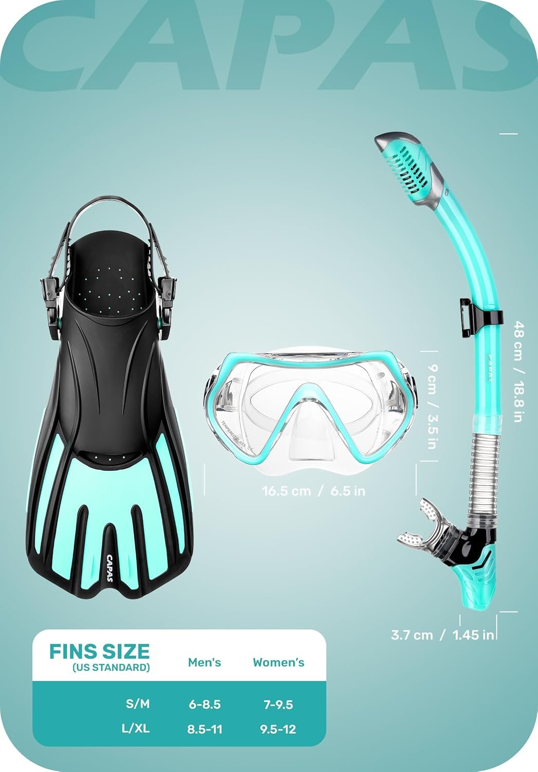 CAPAS Snorkel Mask Fins Set, Travel Size Snorkeling Gear for Adults with Adjustable Fins, Diving Mask and Dry Top Snorkel, Come with a Carrying Bag - Image 6