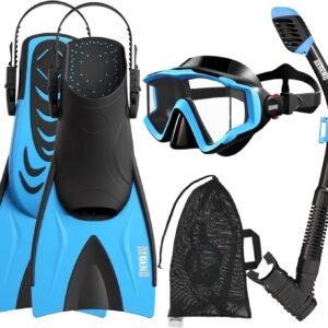 Aegend Snorkeling Gear for Kids Youth – Anti-Fog Diving Mask, Adjustable Fins & Dry Snorkel, Full Snorkel Kit for Snorkeling, Diving, Scuba Diving & Swimming