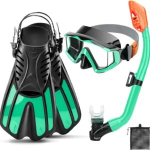 Snorkeling Gear for Kids Adults, 4 in 1 Snorkel Mask Fins Set with 3 Window Snorkel Mask, Dry Top Snorkel, Adjustable Short Fins and Mesh Bag, Anti-Leak & Anti-Fog Snorkel Gear for Snorkeling