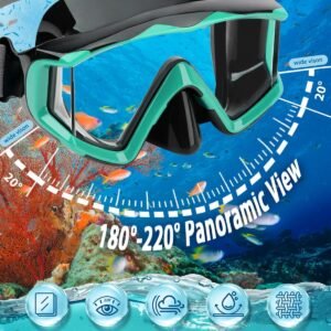Snorkeling Gear for Kids Adults, 4 in 1 Snorkel Mask Fins Set with 3 Window Snorkel Mask, Dry Top Snorkel, Adjustable Short Fins and Mesh Bag, Anti-Leak & Anti-Fog Snorkel Gear for Snorkeling