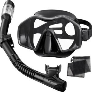 Snorkeling Gear for Adults,Dry-Top Snorkel Mask Set with Tempered Glass,Anti-Fog & Anti-Leak Panoramic Swim Mask,Adjustable Snorkel Kit with Carry Bag for Scuba Diving,Swimming,Travel