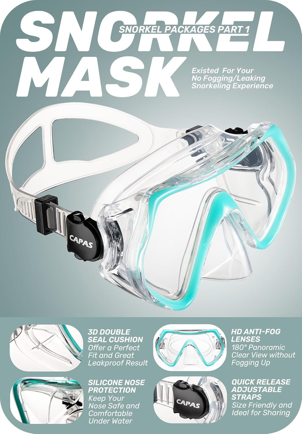 CAPAS Snorkel Mask Fins Set, Travel Size Snorkeling Gear for Adults with Adjustable Fins, Diving Mask and Dry Top Snorkel, Come with a Carrying Bag - Image 3