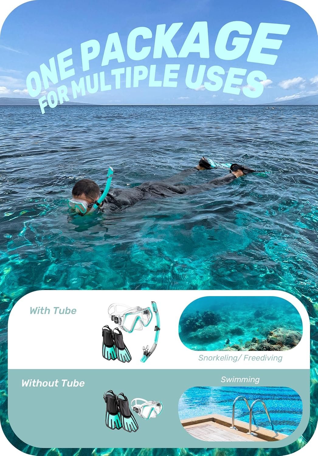 CAPAS Snorkel Mask Fins Set, Travel Size Snorkeling Gear for Adults with Adjustable Fins, Diving Mask and Dry Top Snorkel, Come with a Carrying Bag - Image 7