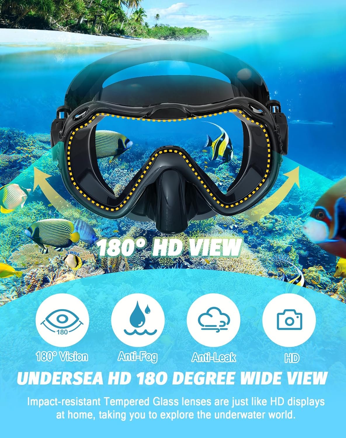 Snorkeling Gear for Adults, Snorkel Mask Set 180° Panoramic View Snorkel Gear, 100% Food-Grade Silicone Anti-Fog Anti-Leak Dry Top Diving Mask for Snorkeling Swimming Scuba Diving - Image 2