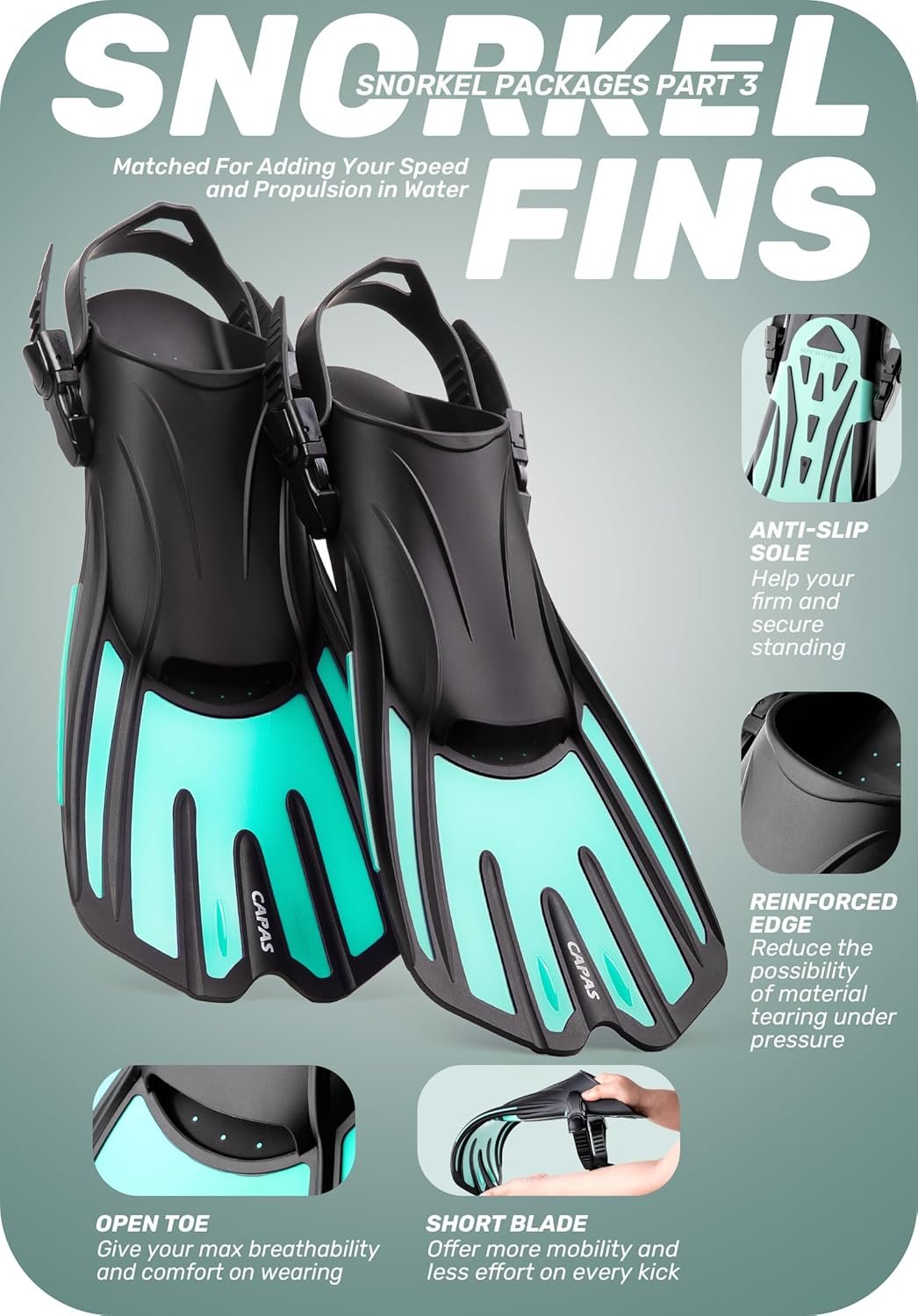 CAPAS Snorkel Mask Fins Set, Travel Size Snorkeling Gear for Adults with Adjustable Fins, Diving Mask and Dry Top Snorkel, Come with a Carrying Bag - Image 5