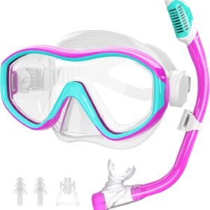 Kids Mask Snorkel Set for Age 5-15,Dry Top Snorkeling Gear for Kids Boys Girls Junior & Youth, Tempered Glass Snorkel Mask with Fins for Swimming Snorkeling