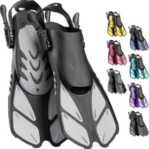 CAPAS Snorkel Fins, Swim Fins Travel Size Short Adjustable for Snorkeling Diving Adult Men Women Kids Open Heel Swimming Flippers
