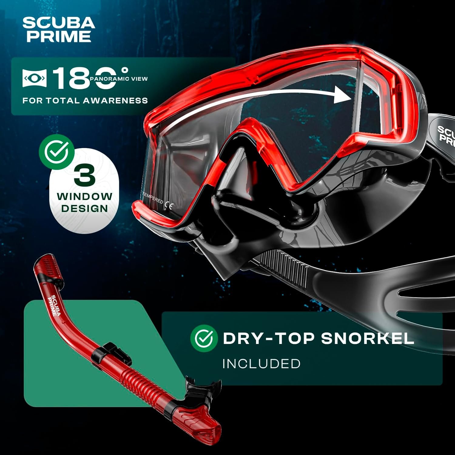 Pano 3 180° Panoramic Dive Mask, Three-Window Tempered Glass Scuba Mask with Dry Top Snorkel, Dual-Layer Silicone Skirt Anti-Leak Diving Gear for Men Women Teens Adults, 4 Color Options - Image 3