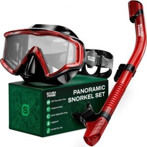 Pano 3 180° Panoramic Dive Mask, Three-Window Tempered Glass Scuba Mask with Dry Top Snorkel, Dual-Layer Silicone Skirt Anti-Leak Diving Gear for Men Women Teens Adults, 4 Color Options