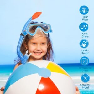 Kids Snorkeling Set – Adjustable Flippers + Panoramic Snorkel Mask + Dry Snorkel Tube + Travel Bags – Suitable for Kids & Juniors, Age 5-14