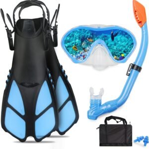 Kids Snorkeling Set – Adjustable Flippers + Panoramic Snorkel Mask + Dry Snorkel Tube + Travel Bags – Suitable for Kids & Juniors, Age 5-14