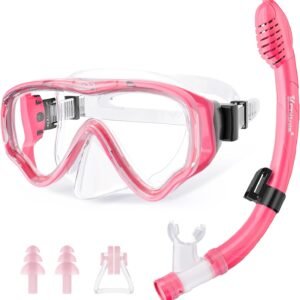 U PHITNIS Kids Snorkel Set for Age 4-14 – Dry Top Snorkeling Gear for Kids Junior & Youth – Childs Diving Mask with Big Eyes for Boys Girls – Anti-Fog Snorkeling Mask and Snorkel Set