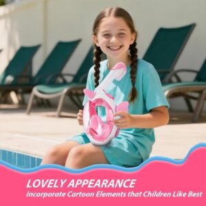Kids Snorkel Mask Full Face, Snorkeling Gear for Children, Diving Mask with 180°Panoramic View, Anti-Fog and Anti-Leak Snorkel Set with New Breathing System – Pink XS