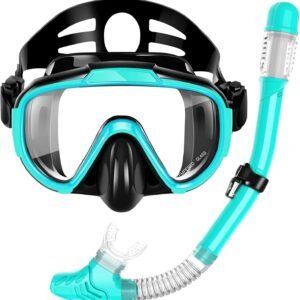Snorkeling Gear for Adults, Dry Top Snorkel Set with Panoramic Anti-Leak and Anti-Fog Tempered Glass Lens, Adjustable Snorkeling Set for Scuba Diving Swimming Training Snorkel Kit