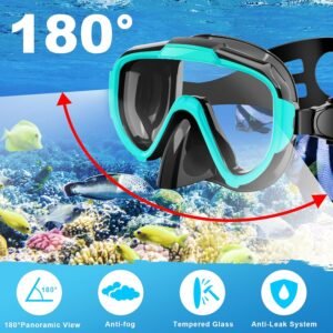 Snorkeling Gear for Adults, Dry Top Snorkel Set with Panoramic Anti-Leak and Anti-Fog Tempered Glass Lens, Adjustable Snorkeling Set for Scuba Diving Swimming Training Snorkel Kit